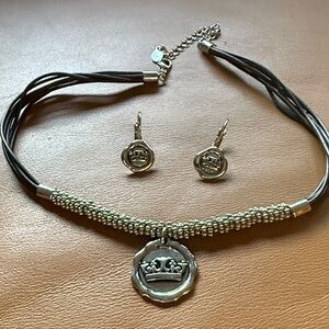 Cookie Lee Brown Cord Necklace with Silver Tone Pendant & Earrings